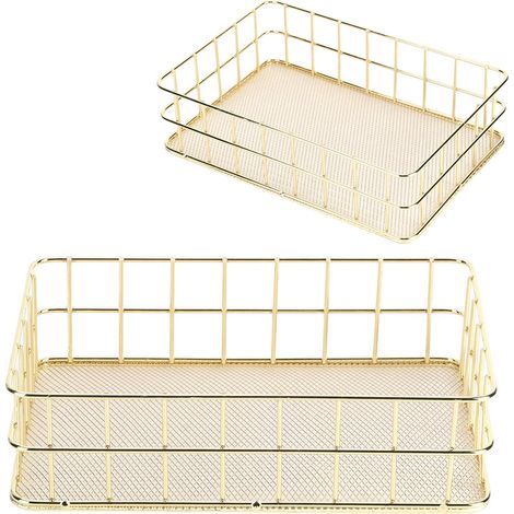 Panier de rangement en fer doré, multifonctionnel, en maille métallique, pour bureau, grand format. (1/5)