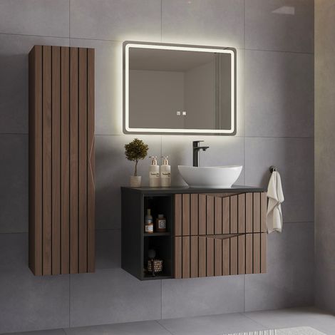 Ensemble meuble simple vasque 80cm 2 niches et colonne Siena bois et noir (1/5)