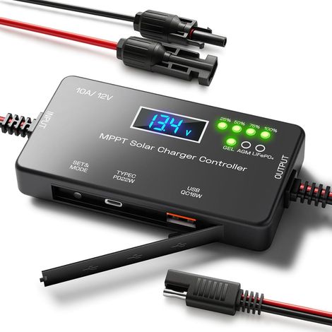 MPPT Contrôleur de charge solaire 12 V 10 A, régulateur de panneau solaire avec ports de charge USB et de type C compatible avec batterie au lithium LiFePO Gel AGM pour camping-car, bateau (1/5)
