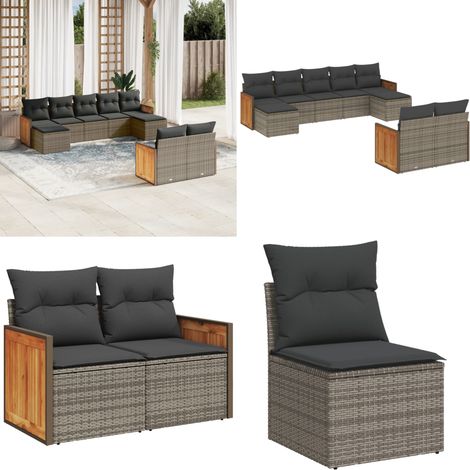9-tlg. Garten-Sofagarnitur mit Kissen Grau Poly Rattan - Gartengestelle - Gartenmöbelset - Rattan Möbel - Lounge Set - Gartenlounge - Home & Living (1/5)