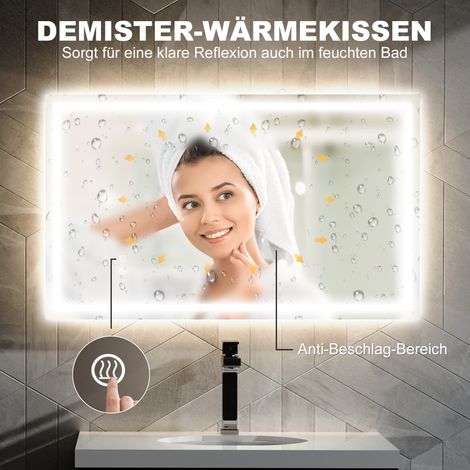Miroir de salle de bain LED, luminosité réglable, fonction antibuée, imperméable (1/5)