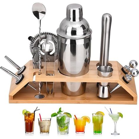 12 Pièces Kit Cocktail avec Support Bois, 750ml Set Shaker Cocktail Acier Inoxydable pour Bar, Kit Barman Professionnel pour Boissons Mélanger, Ensemble-Cadeau Shaker Cocktails pour Maison (Argenté) (1/5)