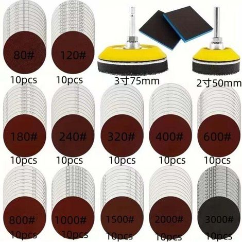 120 Pièces Disques de Ponçage,Pad de 50mm 75mm avec papier a poncer à fixation,80 120 180 240 320 480 600 800 1000 1200 1500 3000 pour voiture, métal et bois