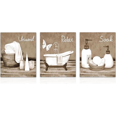 Set de 3 Pièces de Décoration Murale de Salle de Bains Vintage, Images sur Toile d'Impressions de Baignoire et d'Éléments de Spa Beige et Blanc 8x10 pouces sans Cadre (1/5)