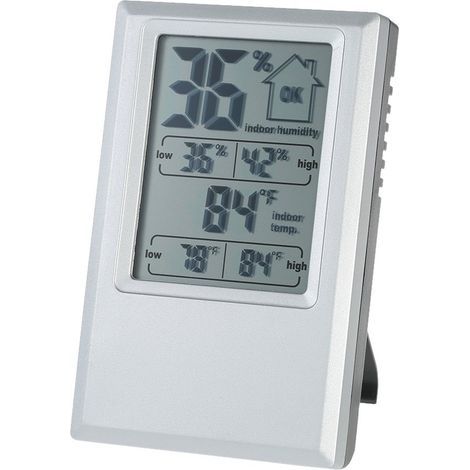 Thermomètre et Hygromètre Numérique avec Rétroéclairage Valeur Minimale Maximale Affichage du Niveau de Confort 20-95% HR Table de Bureau Jauge Température Intérieure Argent + Noir 4,13 X (1/5)
