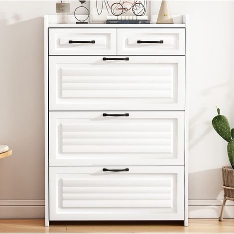 Scarpiera in truciolare bianco con 3 ribalte e 2 cassetti, maniglie in metallo, 80 x 23,5 x 131 cm (1/5)