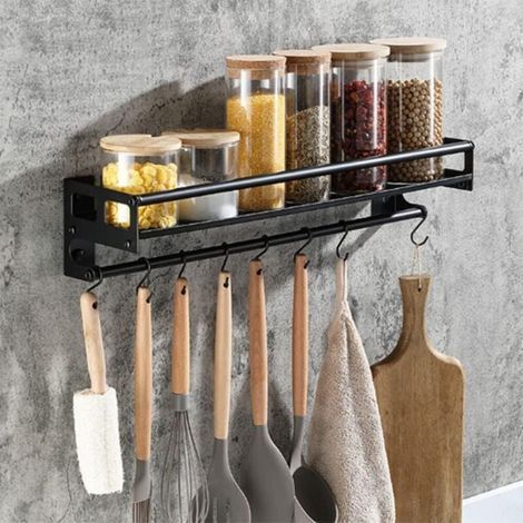 Küchenutensilienhalter aus Edelstahl mit 8 Haken, Montagemöglichkeiten durch Kleben oder Bohren, 40 cm Wandmontage, Schwarz