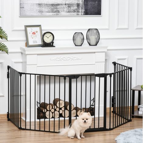 Klappbarer Hundezaun 300 x 74,5 cm aus schwarzem Metall mit Tür, für kleine Räume (1/5)