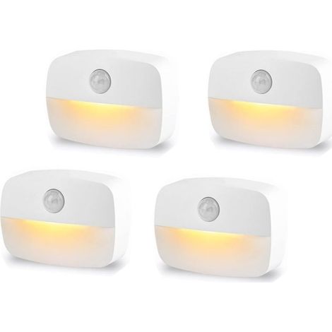Ensemble de 4 veilleuses LED à piles avec détecteur de mouvement et capteurs automatiques pour salle de bain, couloir, placard, cuisine, chambre. (1/5)