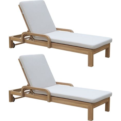 Lot de 2 chaises longues en bois d'acacia et matelas écru, SAONA