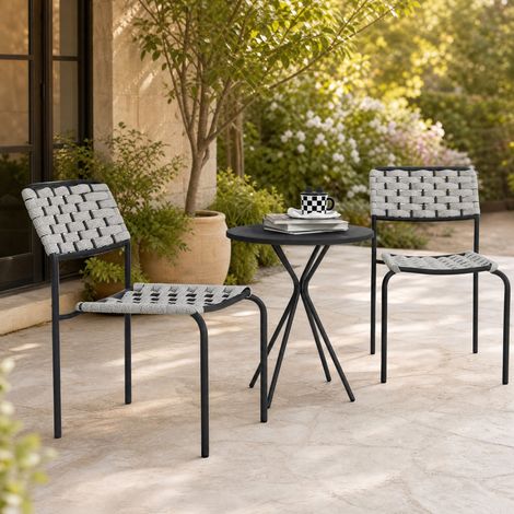 Set da giardino 3 pezzi in polyrattan grigio, 2 sedie impilabili, tavolo rotondo DESVIAE (1/5)