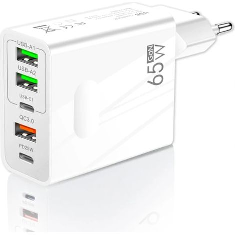 Chargeur USB 65 W à 5 ports (2 USB-C et 3 USB-A) avec charge rapide QC3.0 pour iPhone, Samsung, Xiaomi et tablettes. (1/5)