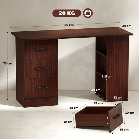 Bureau avec 3 tiroirs et 3 étagères réversibles en bois, 120x49x72cm, noyer. (1/5)