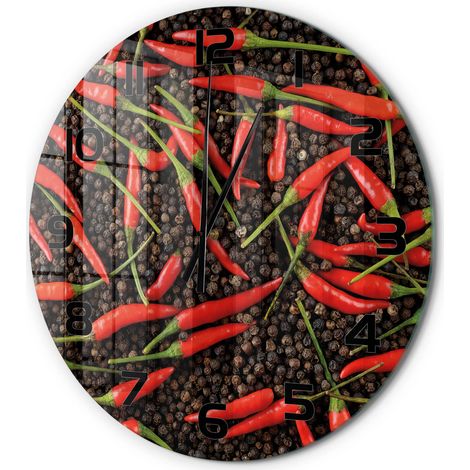 Horloge Murale Ronde Décoration Cuisine en Verre Trempé Silencieuse Moderne Piments fi 60 cm (1/5)