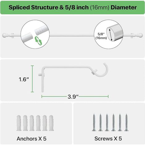 White Curtain Rod 80-157 cm, Curtain Rod with Bracket, Curtain Rod Kit for Windows, Metal Curtain Rod 16 mm Diameter for Bedroom, Living Room (1/2)