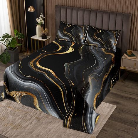 Couvre-Lit Marbre Enfant 260x240 cm avec 2 Taies d'oreiller, Dessus de Lit Paillettes d'or Marbrures Abstraites, Couverture de Lit Texture Marbrée Métallique, Or Noir (1/4)