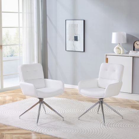 [2er-Set] Europäischer Drehstuhl im leichten Luxus-Design: Weiße PU-Beschichtung + silberfarbene Metallbeine, 360° schalldrehend, 2er-Set für Esszimmer / Entspannungsbereiche.