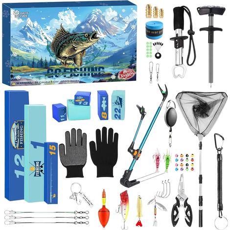 Calendrier de l'Avent Pêche  Compte à Rebours de Noël 24 Jours Matériel de Pêche  Support Canne à Porte-Lèvres Range Hameçons  Cadeau pour Père Adolescents Garçons