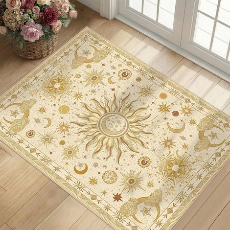 Tapis lavable 2x3, beige camel Brown soleil et lune bohème gothique colonne basse salon chambre à coucher salle à manger cuisine entrée couloir tapis de porte (1/5)