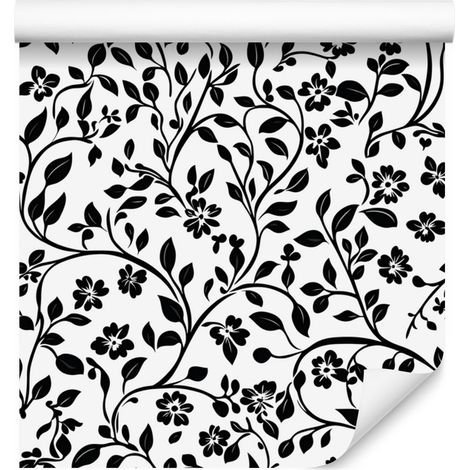 Papier peint à fleurs noires et blanches, centre gris, 50 x 1000 cm (1/5)