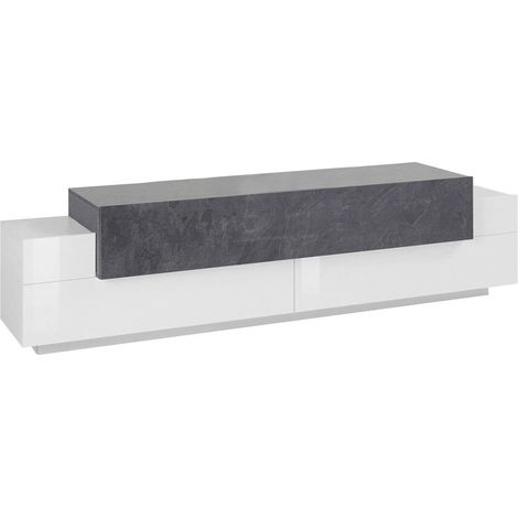 Dmora – Meuble TV moderne 200x45h52 cm – Stratifié résistant aux chocs – 3 portes avec rangement – Blanc brillant et gris frêne