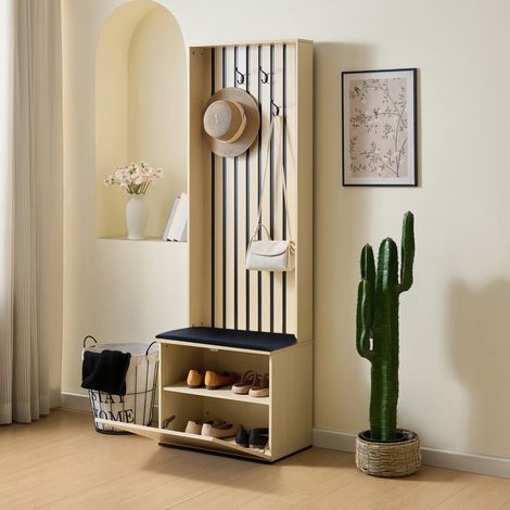 Recibidor con banco zapatero 61x35x179.5 cm, asiento acolchado, espacio de almacenaje, MDF, madera (1/5)