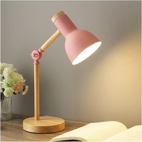 Lampe de table de chevet, lampe de bureau en bois moderne avec abat-jour en métal Lampe de chevet réglable pour bureau, salle d'étude, chambre à coucher, salon, chambre d'enfant, lecture,Rose