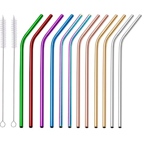 Pailles en Acier Inox 12 Pièces Réutilisables, Coudées avec 2 Goupillons Acier Inoxydable 304 Alimentaire sans BPA, Résistant à la Rouille, 8 Couleurs dans le Set, pour Cocktails Milk-Shakes Café (1/5)