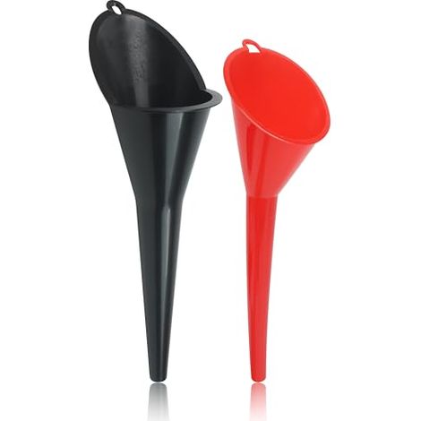 Lot de 2 entonnoirs multifonctions à long col pour toutes les huiles moteur automobile, kérosène, carburant diesel, lubrifiants, eau et autres liquides, matériau plastique, rouge et noir (1/5)