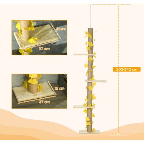 242cm Adjustable Floor-To-Ceiling Cat Tree, with Artificial Decoration, Perches, Anti-Slip Kit - Yellow