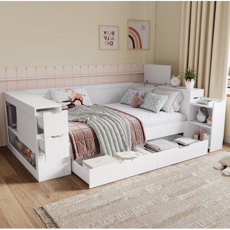 Cama infantil con cajones y almacenamiento blanca OKMYHOME (1/5)