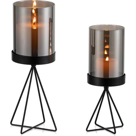 Bougeoir Lampes Noir Déco: Supports pour Bougies Piliers en Métal Bougie Bâton avec Cylindre en Verre Gris Déco de Table - Lampes Tempête Moderne Géométrique pour Salon Banc Fenêtre Extérieur (1/5)