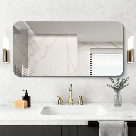Miroir mural rectangulaire 50 x 100 cm sans cadre avec coins arrondis, miroir rectangulaire pour salle de bain, chambre à coucher, salon, à suspendre horizontalement ou verticalement (1/5)