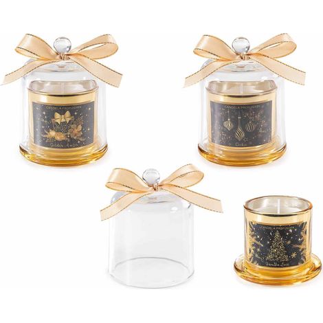 Candele di Natale profumate in campana di vetro con decorazione natalizia e fiocco, set da 3 pezzi, Ø 8,5 cm x 11 H