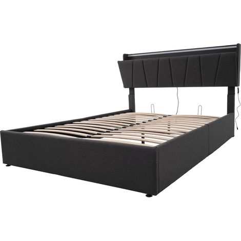 Cama doble con almacenaje 140 x 190 cm gris con LED, USB Tipo-C y cabecero (1/5)