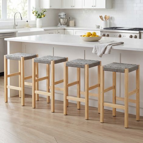 Wahson Tabouret de Bar Lot de 4 en Bois, Chaise de Bar Hauteur 65cm Chaise Haute Cuisine pour Bistrot, Gris