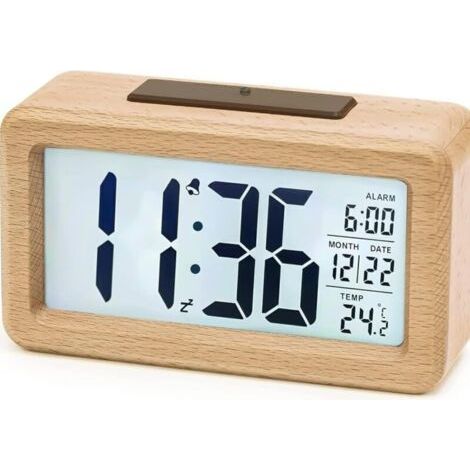 Reloj despertador digital, reloj despertador matutino de madera con pilas y pantalla LCD grande, reloj digital con retroiluminación, fecha, temperatura, sensor de luz automático, repetición (3 pilas A (1/5)