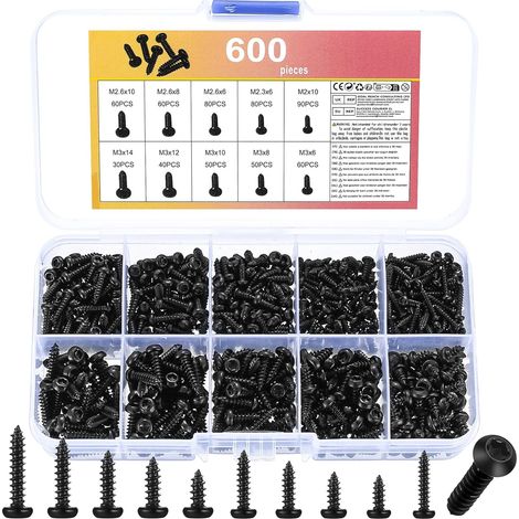 Kit d'Assortiment Vis Autoforeuses Torx Vis Autotaraudeuses à Tête Ronde, 600 Pcs, Tête Cylindrique Torx Noires, Bois, Plastique, Métal Souple (M2, M2,3, M2,6, M3) (1/5)