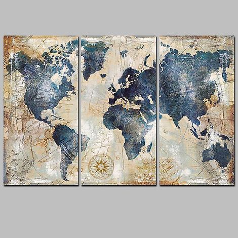 Triptyque sur toile représentant une carte du monde nautique - 90 x 60 cm - Rose des vents - Décoration murale (1/3)