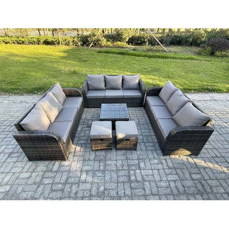 Fimous 11-Sitzer Rattan Gartenmöbel Set im Balkon Set Patio Garten Sofa Set mit Quadratischer Couchtisch 3-Sitzer Sofa Dunkelgrau Gemischt