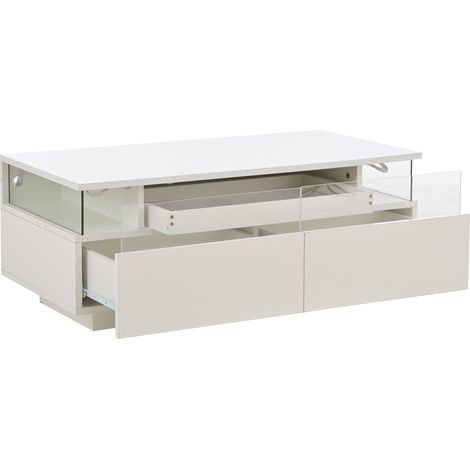 Mesa de centro blanca brillante 90 x 45 x 35,5 cm con 2 cajones, bandeja extraíble y LED (1/5)