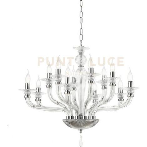 LAMPADARIO VILLA VETRO E METALLO 12 LUCI TRASPARENTE E CROMO ATTACCO E14 D.85CM