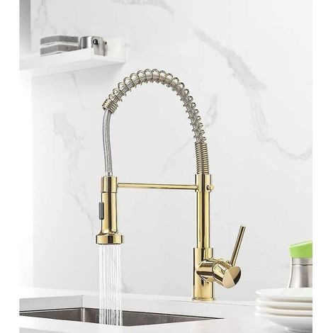 Robinet de cuisine pivotant or 360 avec mitigeur rotatif à douchette extractible (1/5)