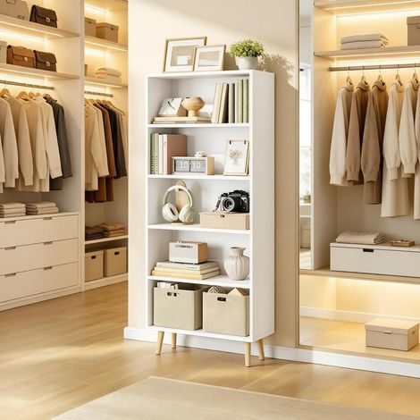 Libreria 60x24x144 cm bianca in melaminico e legno massello con 5 vani aperti (1/4)