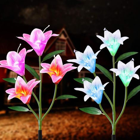Lampes solaires d'extérieur à piquer - Lampes solaires en forme de pétales de lys améliorées, étanches et multicolores, idéales pour décorer jardin, terrasse, allée (rouge et blanc).
