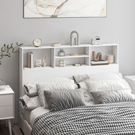 Testiera autoportante con contenitore, accessorio letto con 4 scomparti a giorno, 140 x 19 x 103,5 cm, bianca