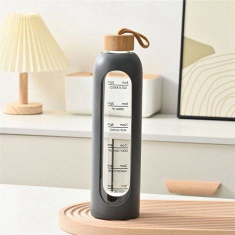 Bouteille D Eau - Verre Borosilicate 1 L - Portable Avec Couvercle En Bambou Et Manchon En Silicone - Noir - 2 Unites (1/3)