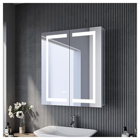 SONNI Espejo de baño con iluminación 50x70cm Espejo de pared sin vaho Espejo de baño con interruptor táctil Blanco frío 6400K Espejo de baño IP44 Ahorro de energía (1/5)