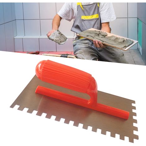 Truelle à carrelage dentelée, manche en plastique rouge, truelle avec spatule dentelée (1/5)