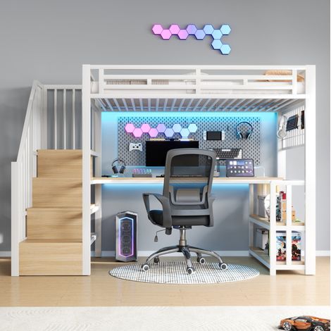 Cama alta infantil 90 x 200 cm en metal y MDF, con escritorio, almacenaje y LED, blanco DESVIAE (1/5)